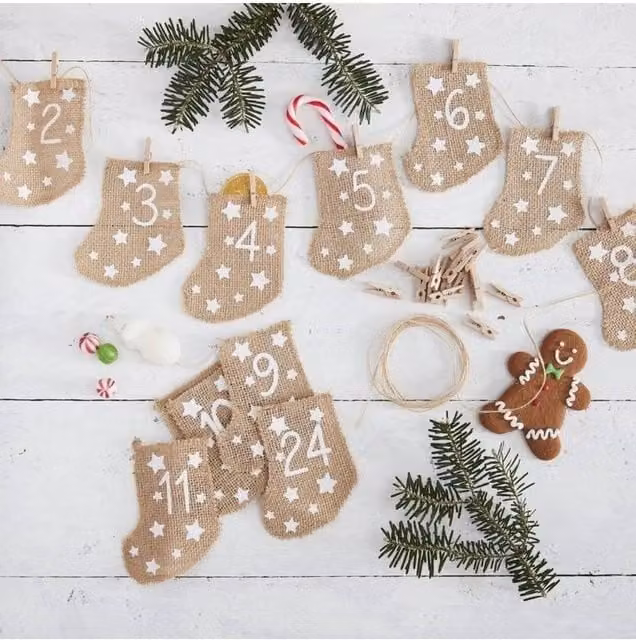 KDMD Let It Snow Advent Hessian Stockings in Brown and Beige