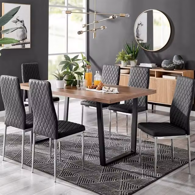 FurnitureboxUK Kylo Large Brown Wood Effect Dining Table and 6 Black Faux Leather Milan Chrome Leg Chairs