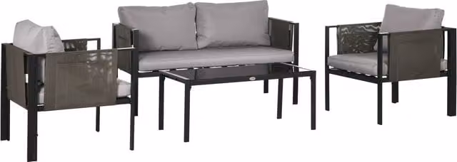 Outsunny 4 Piece Modern Garden Furniture Set in Grey with Powder Coated Steel Frame, Textilene Fabric, Upholstered Cushions and Glass Coffee Table – 4