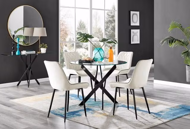 FurnitureboxUK Novara Round Glass Dining Table with 4 Pesaro Soft Velvet Chairs in Cream and Black Legs – 1
