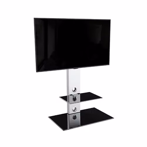 AVF Column TV Floor Stand with Silver Column and Gloss Black Glass Shelves, Compatible with TVs up to 65 inches