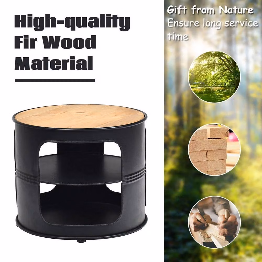 SPETLEK 3-Tier Round Black Wood and Metal Coffee and Snack Table – 3
