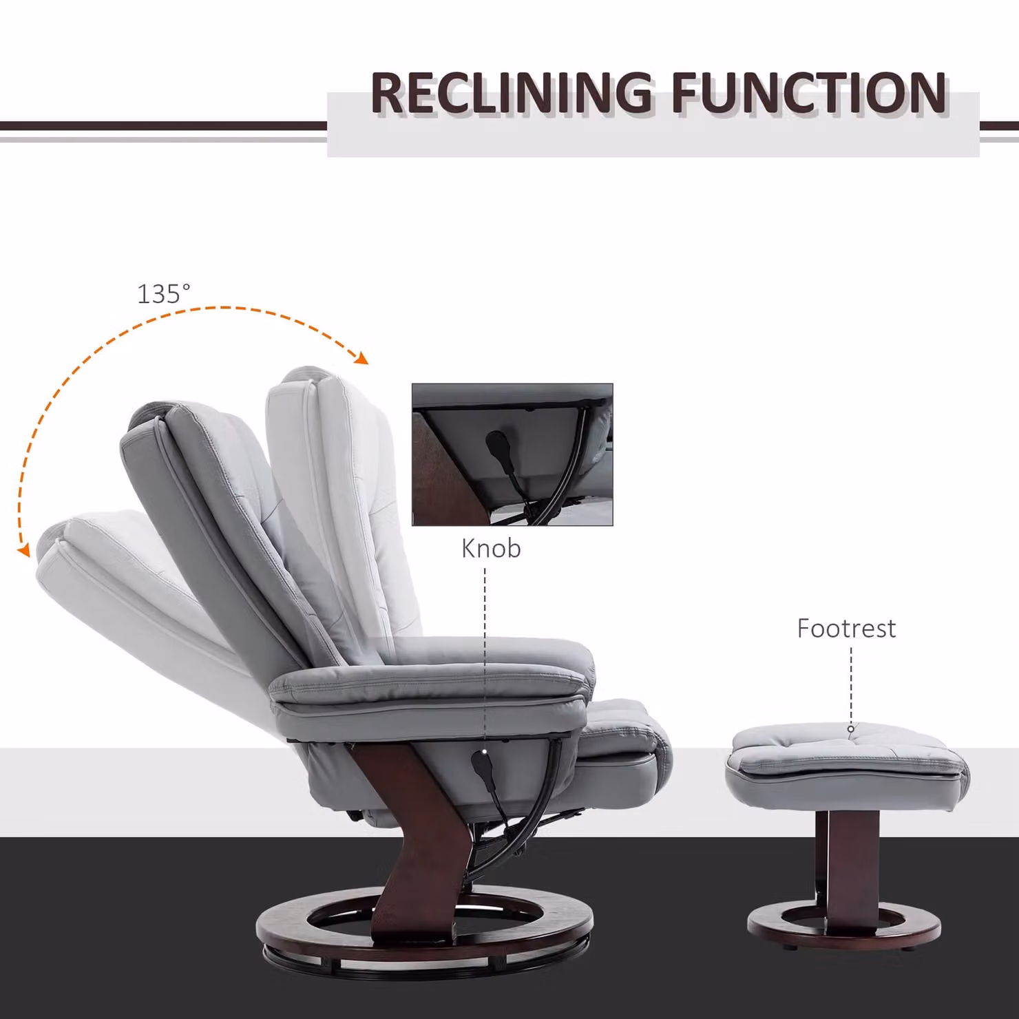 HOMCOM Swivel Manual Recliner and Footrest Set in Grey Synthetic Leather – 4