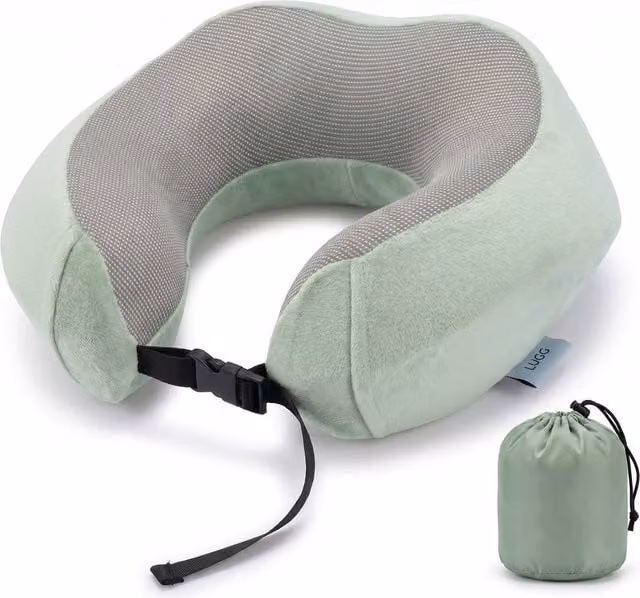 Lugg Memory Foam Travel Pillow with Storage Bag and 360 Degree Ergonomic Support in Green