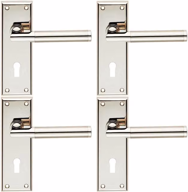 Loops 4x Round Bar Section Handle on Lock Backplate in Polished Satin Nickel, W: 150 mm x H: 50 mm