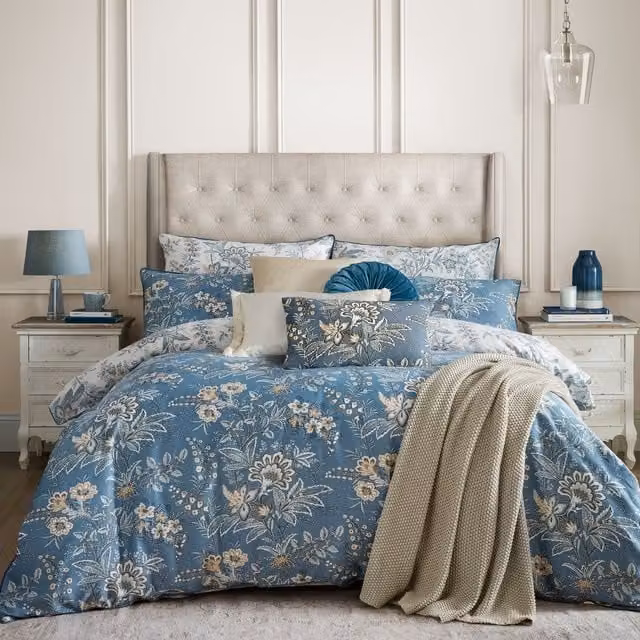 Laura Ashley Marlbrook Cotton Mako Satin Floral Duvet Cover and Pillowcase Set in Dusky Seaspray Blue, White and Yellow