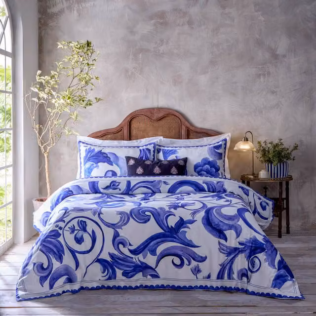 Make It A Home Azzurro Reversible Graphic Cotton Duvet Cover Set in Blue and White, W: 140 cm, L: 200 cm