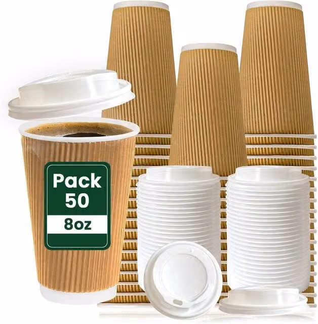 ECONX 500 Brown Ripple Paper Coffee Cups with White Lids, 8oz