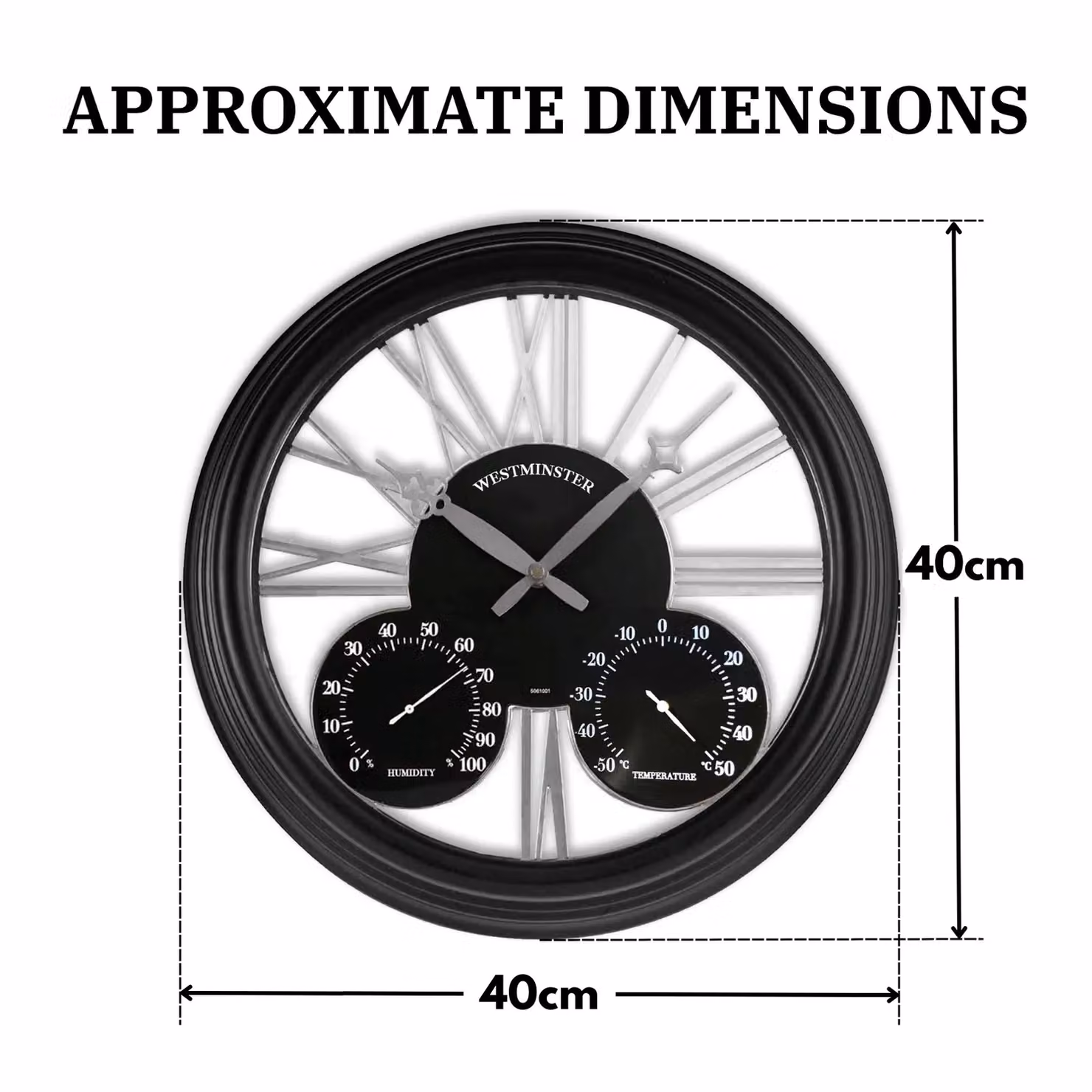 Marco Paul Westminster Analog Clock with Thermometer and Barometer in Black and Bronze, Diameter: 40 cm – 2