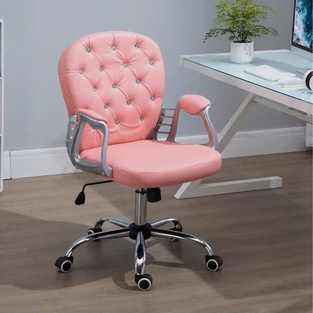 Vinsetto Luxury Pink Velvet Ergonomic Swivel Home Office Chair with Armrests and Castors