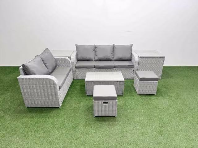 Fimous 7 Seater Grey PE Rattan Wicker Garden Furniture Set with Rectangular Coffee Table, 3 Seater Sofa, Love Seat, 2 Stools and 2 Side Tables