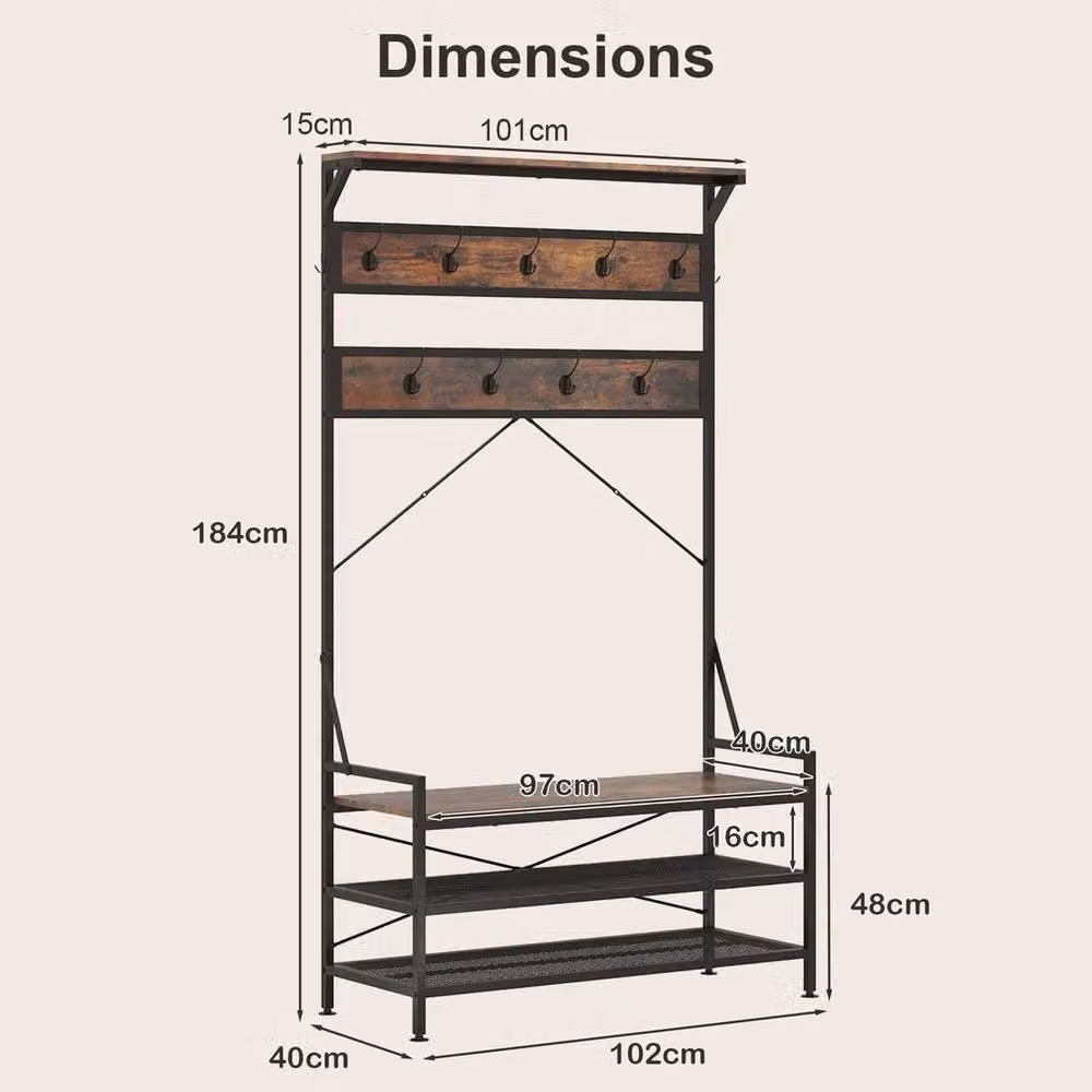 Kelvenix 4-in-1 Industrial Hall Tree with Bench and Coat Rack in Brown – 2
