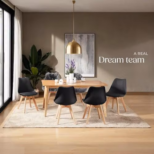 tectake Set of 6 Scandinavian Design Dining Chairs with Solid Wood Legs in Black – 6
