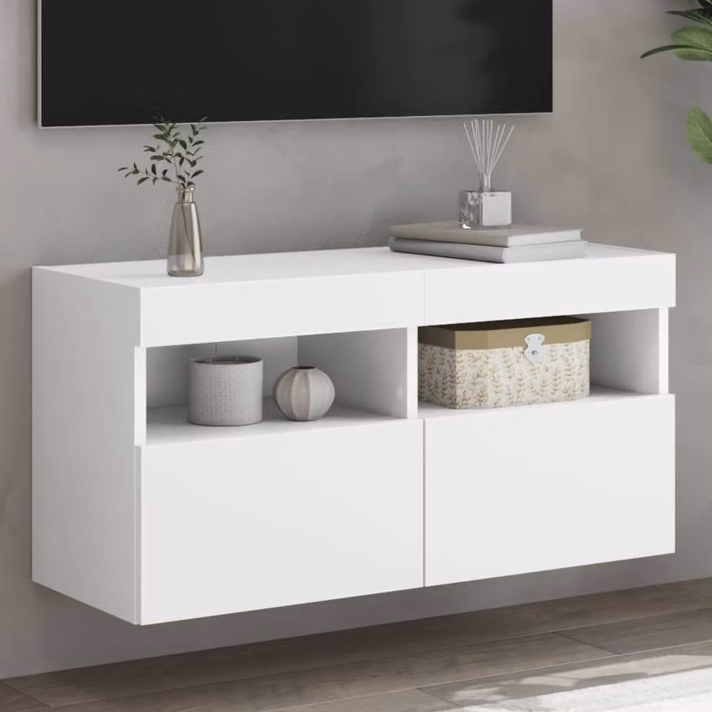 Berkfield Home Modern TV Wall Cabinet with LED Lights in White, W/D/H: 80 x 30 x 40 cm – 1