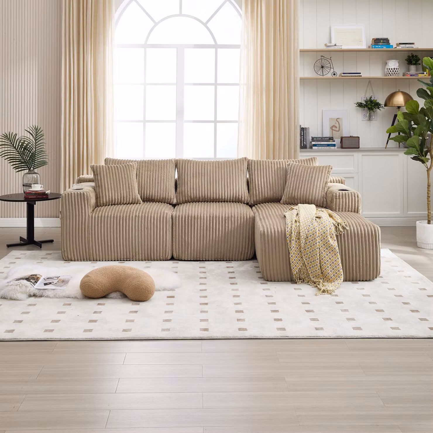 Aosom UK Modular L-Shaped Sectional Sofa in Khaki with Plush Corduroy Upholstery and Deep Seats, W/D/H: 257 x 160 x 80 cm – 5