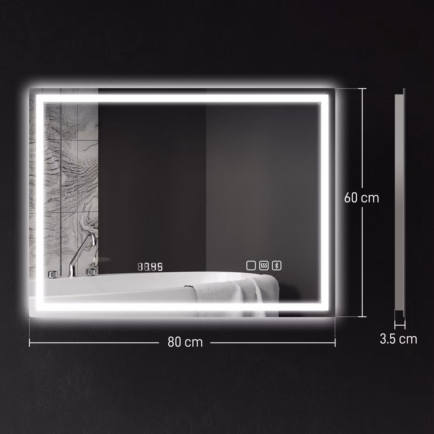 HOMCOM Silver LED Bathroom Mirror with Bluetooth, Clock and Anti-Fog Function, W: 60 cm, H: 80 cm – 3