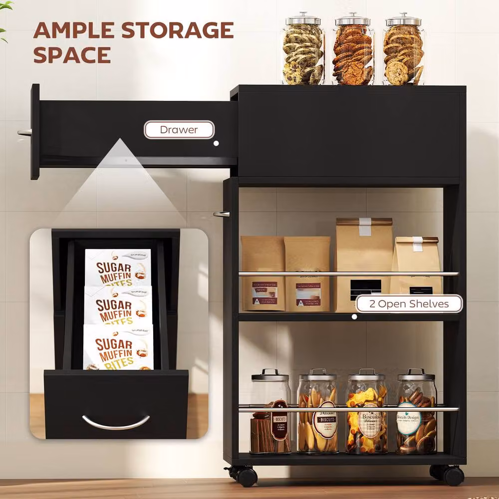 HOMCOM Rolling Storage Unit with Drawer and 4 Wheels in Black – 4