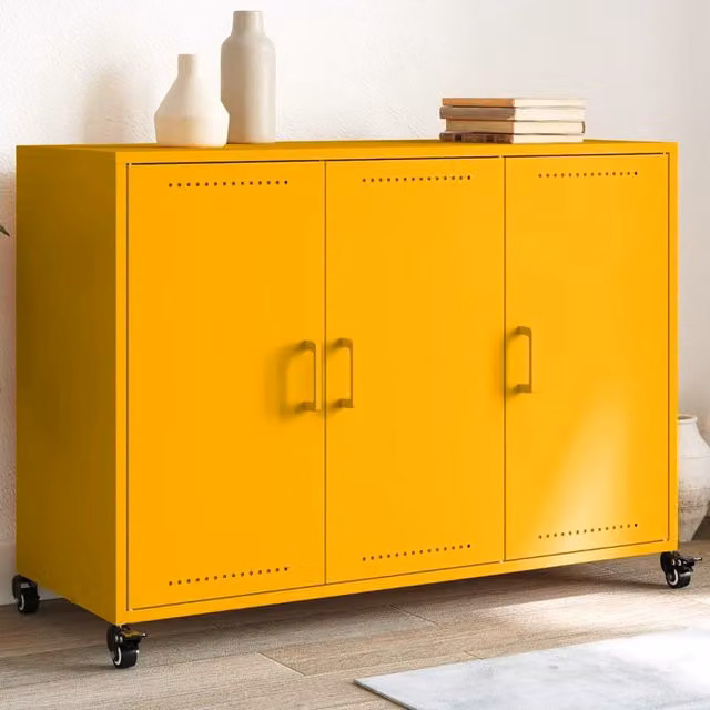 Berkfield Home Mustard Yellow Metal Sideboard with Castors, W: 100.5 cm, D: 39 cm, H: 72 cm – 1