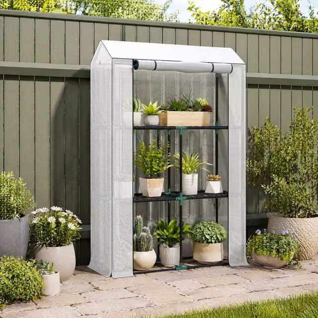 STILVORA 3 Shelf Greenhouse with Steel Frame, White, W/D/H: 100 x 40 x 150 cm