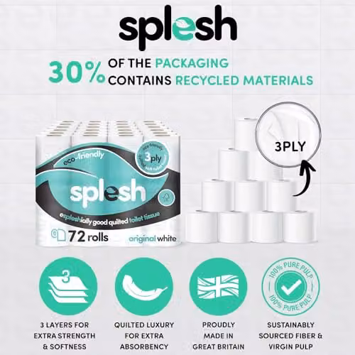 Cusheen Splesh 3-ply Unscented Toilet Roll, White, 72 Pack – 2