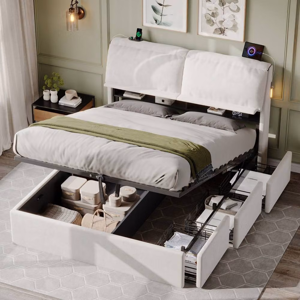 Merax King Ottoman Bed in Beige with Upholstered Fabric, LED Reading Lights, USB Charging Port and Lift-Up Storage Base, W/D/H: 150 x 200 cm – 4