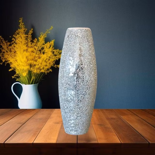 Ziddan Bargain Silver Crackle Floral Glass Tabletop Vase