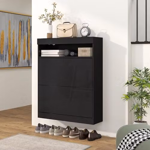 HOMCOM Narrow Glossy Black Shoe Cabinet, Wall Mounted or Freestanding with Tilting Compartments and Internal Shelves – 6
