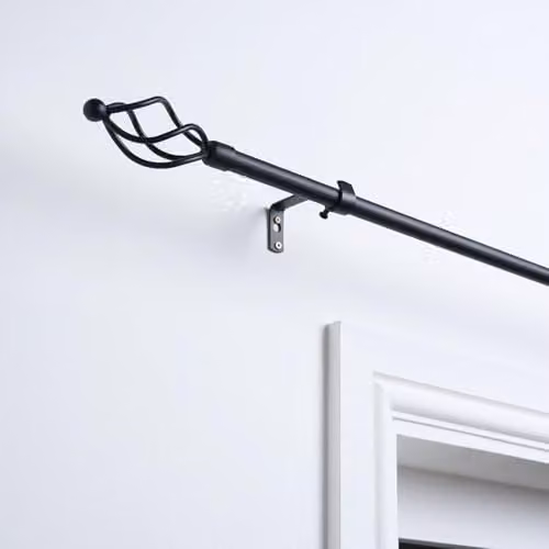 OHS Extendable Metal Curtain Pole with Decorative Twist Finials and Wall Mount Brackets, Black, W: 120 cm – 1