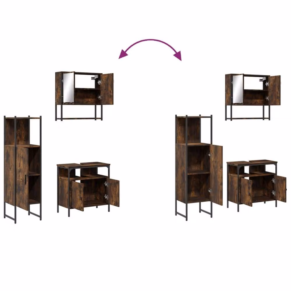 Berkfield Home 3 Piece Industrial Bathroom Furniture Set in Brown Smoked Oak with Mirror Cabinet, Vanity Unit and Tall Cabinet – 4