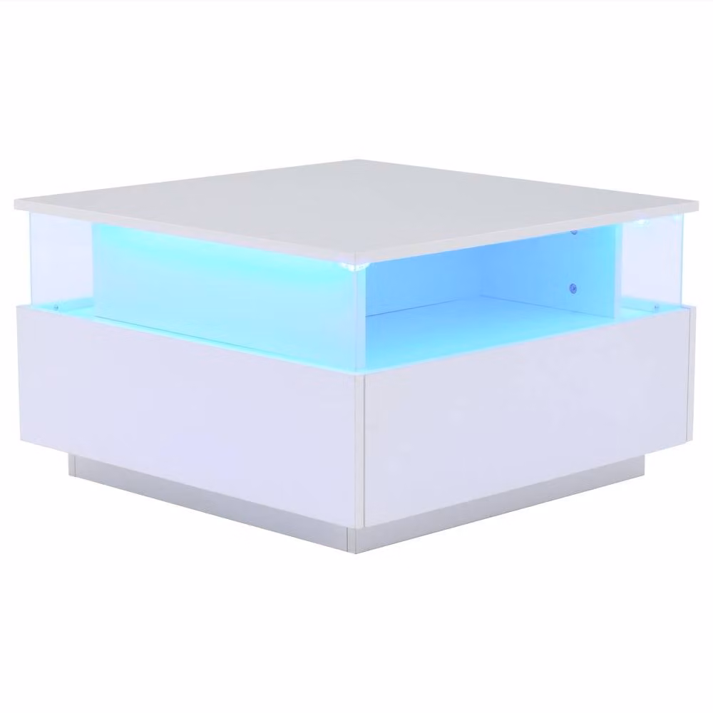 Merax Square High Gloss LED Coffee Table with Acrylic Display and 2 Drawers in White W/D/H: 70 x 41 x 50 cm – 3
