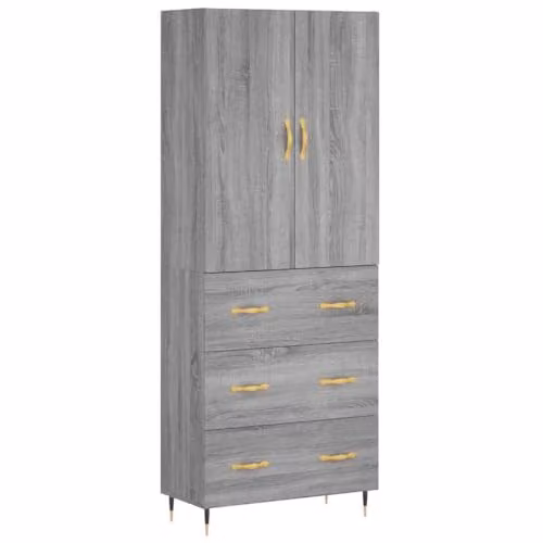 vidaXL Modern Grey Sonoma Highboard with Internal Shelves and Drawers, W/D/H: 69.5 x 34 x 180 cm
