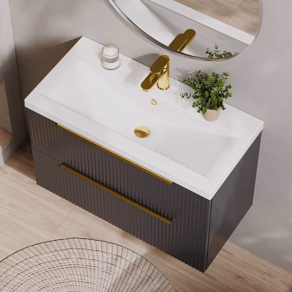 Balterley Fluted Front Wall Hung 2 Drawer Vanity Basin Unit, Dark Grey, W: 80 cm – 3