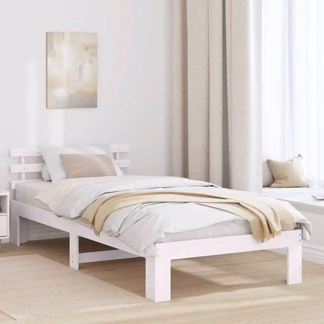 Berkfield Home White Solid Pine Wood Bed Frame with Headboard W/D/H: 190 x 75 x 31 cm