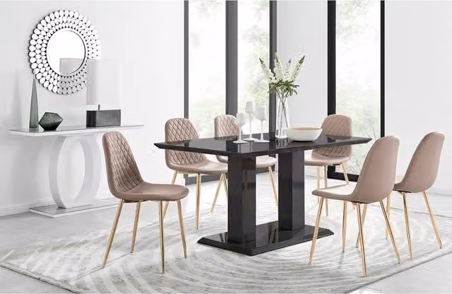 FurnitureboxUK Imperia Black Glass Dining Table and 6 Corona Gold Leg Chairs in Yellow