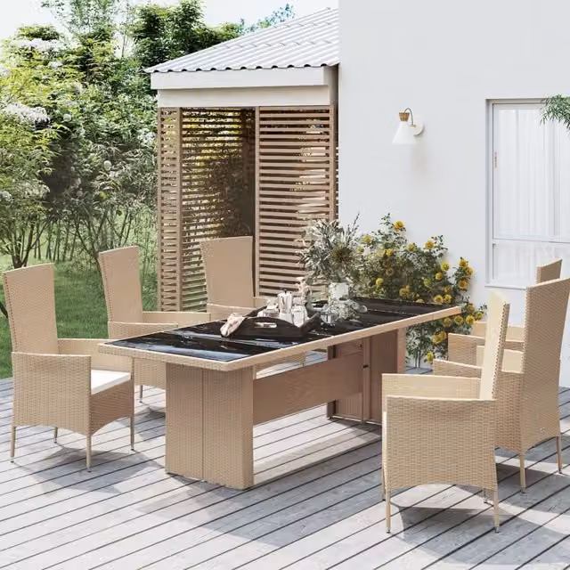 Berkfield Home Garden Table in Beige Poly Rattan with Tempered Glass Top