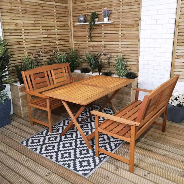 Samuel Alexander Brown Oiled Teak Folding Rectangular Garden Dining Table and 2 Benches Set for 4 People – 1