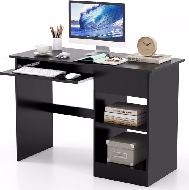 Costway Modern Black Wooden Computer Desk with Pull-out Keyboard Tray and Grommet