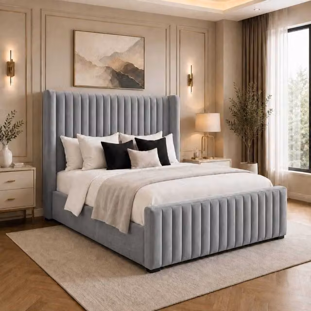 Bellora Silver Velvet Upholstered Bed with Tall Headboard and Footboard by K Mehmood Enterprise Ltd