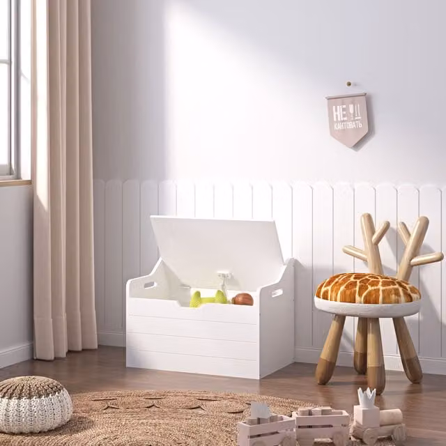 Xample Wooden Kids Toy Box and Storage Bench with Safety Hinged Lid in White – 1