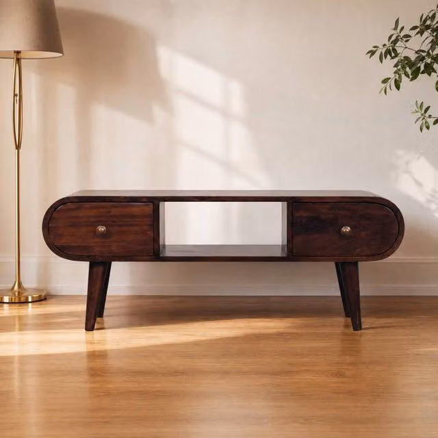STILVORA Scandinavian Wood TV Unit in Brown with 2 Drawers and Open Slot
