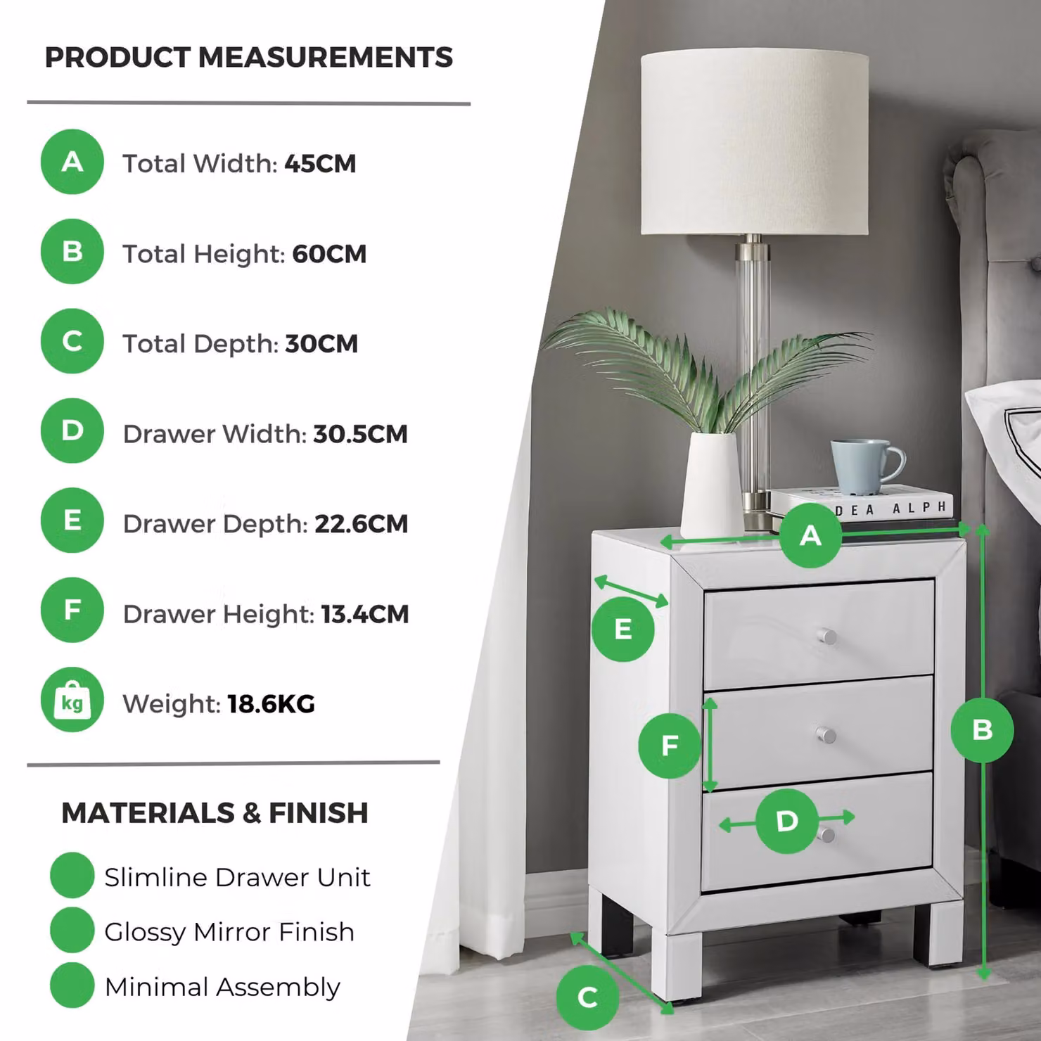 FurnitureboxUK Lexi Large Wooden Bedside Table with 3 Drawers and Modern White Mirrored Finish – 5