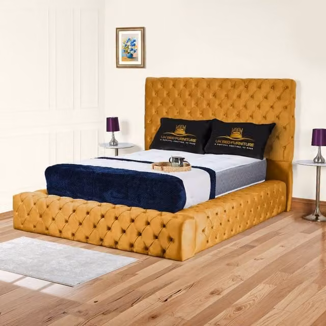 UK Bed Furniture Ambassador Ottoman Gas Lift Upholstered Velvet Bed in Yellow, W/D/H: 90 x 190 cm