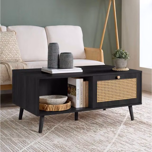 Birlea Modern Black Oak and Rattan Square Coffee Table