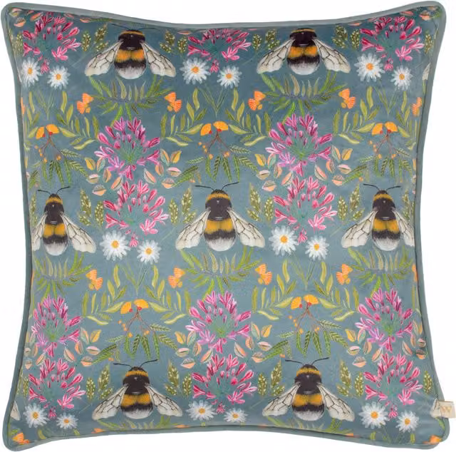 House of Bloom Zinnia Bee Repeat Piped Square Velvet Cushion in Steel Blue