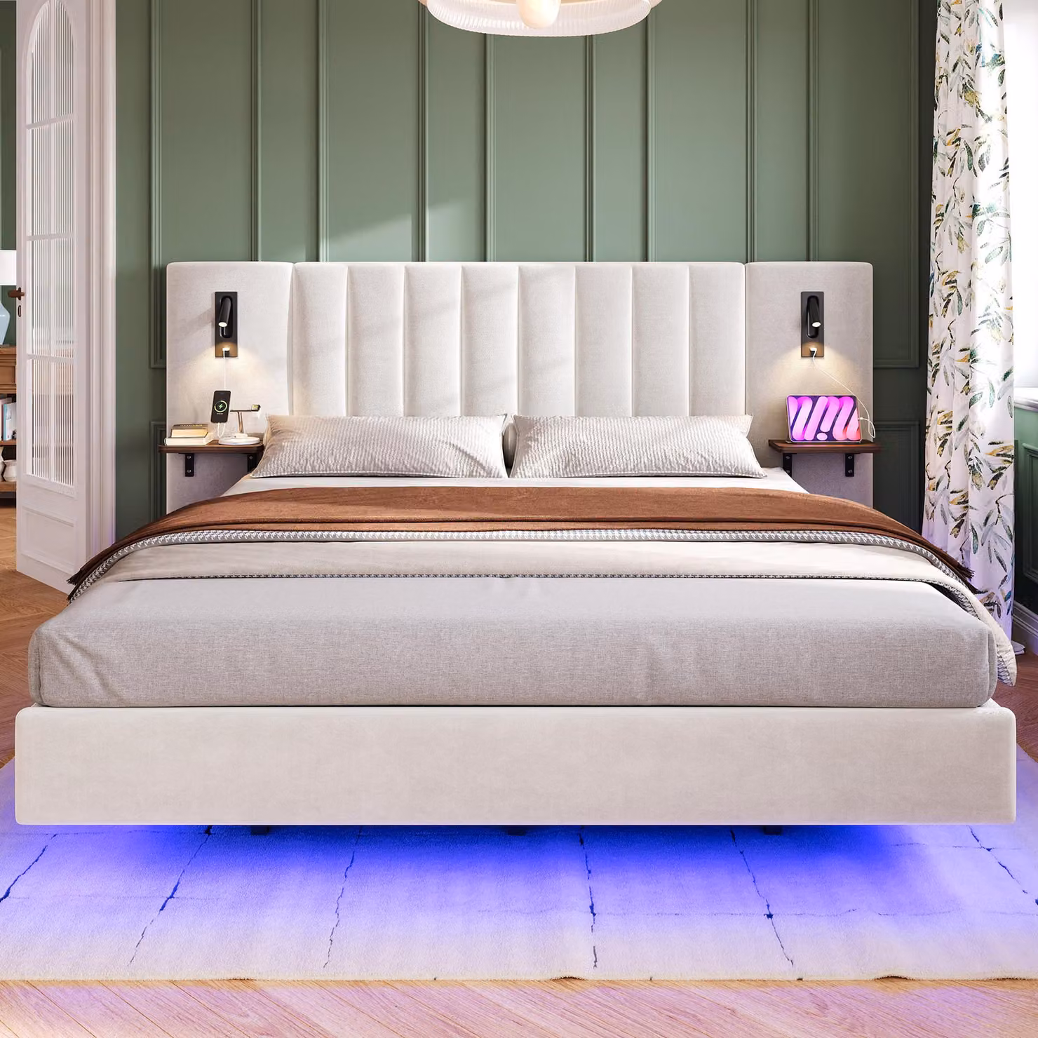 Aosom.UK White Velvet Upholstered Double Bed with Headboard, USB Charging Port, Integrated Reading Lights and Bedside Shelves, H 103.5 x W 209 x D 222 cm – 5