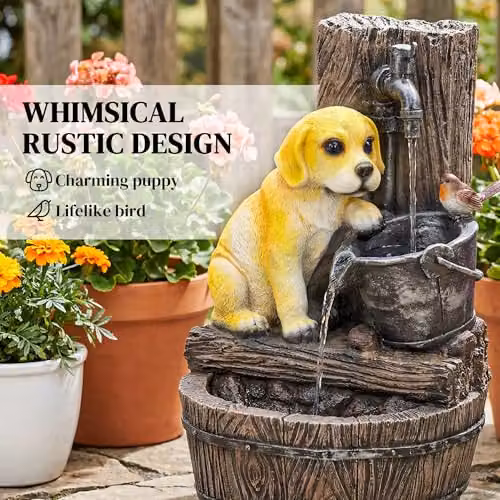 Outsunny Rustic Brown Puppy Design 3-Tier Garden Water Feature Cascade – 3