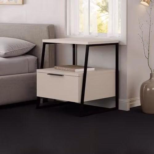 FWStyle Sandstone 1 Door Bedside Table with Open Shelf in Beige and Black Metal Frame – 1