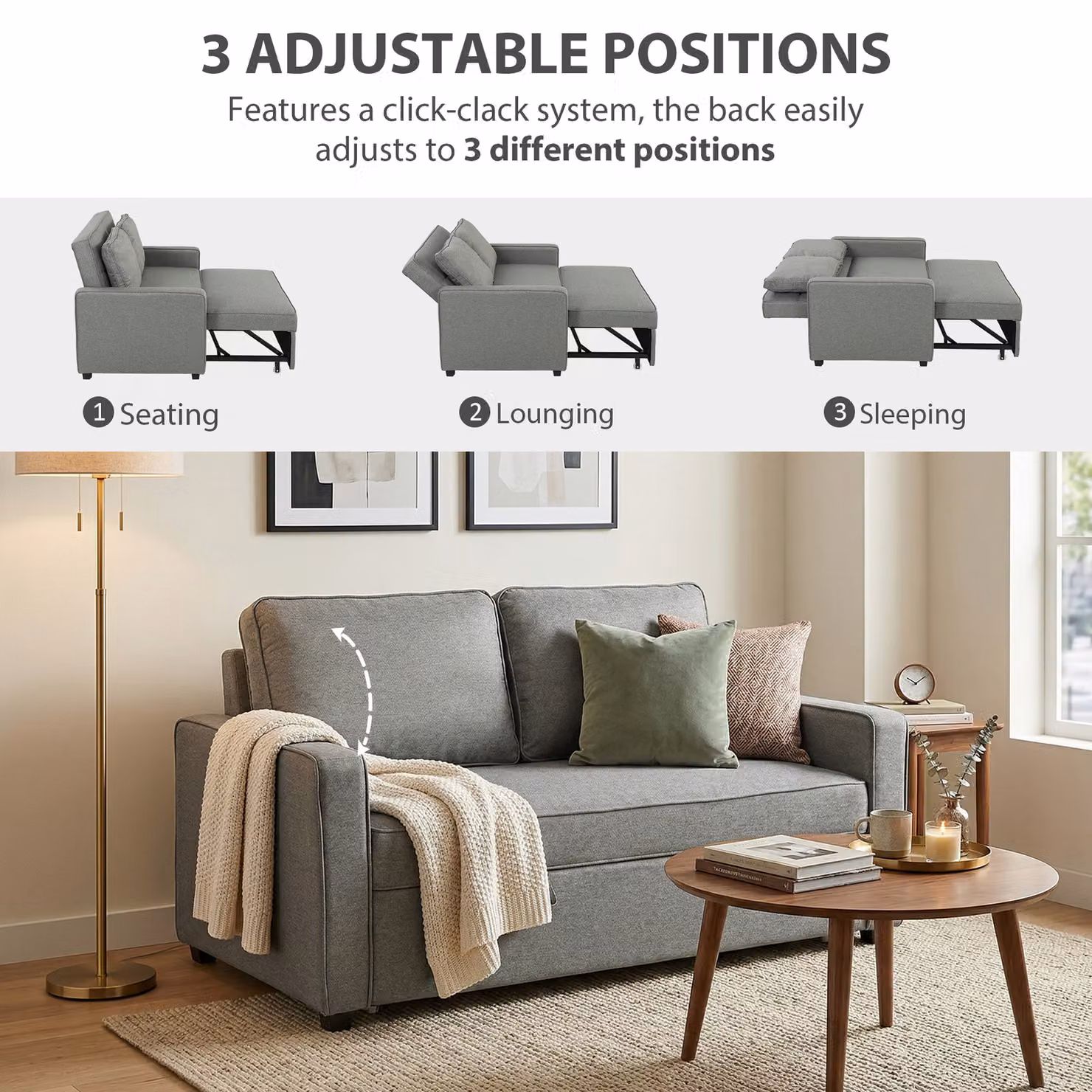 HOMCOM Grey Fabric Click Clack Double Sofa Bed with Adjustable Backrest and Solid Wood Frame – 5