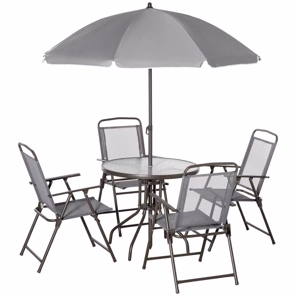OUTSUNNY 6 Piece Grey Patio Dining Set with Garden Umbrella and 4 Folding Chairs – 2