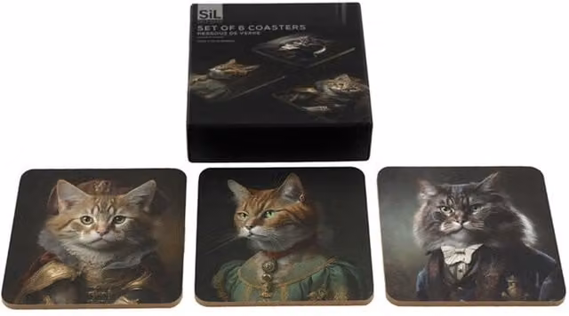 KDMK Set of 6 Square Cat Portrait Coasters in Multicolour and Yellow